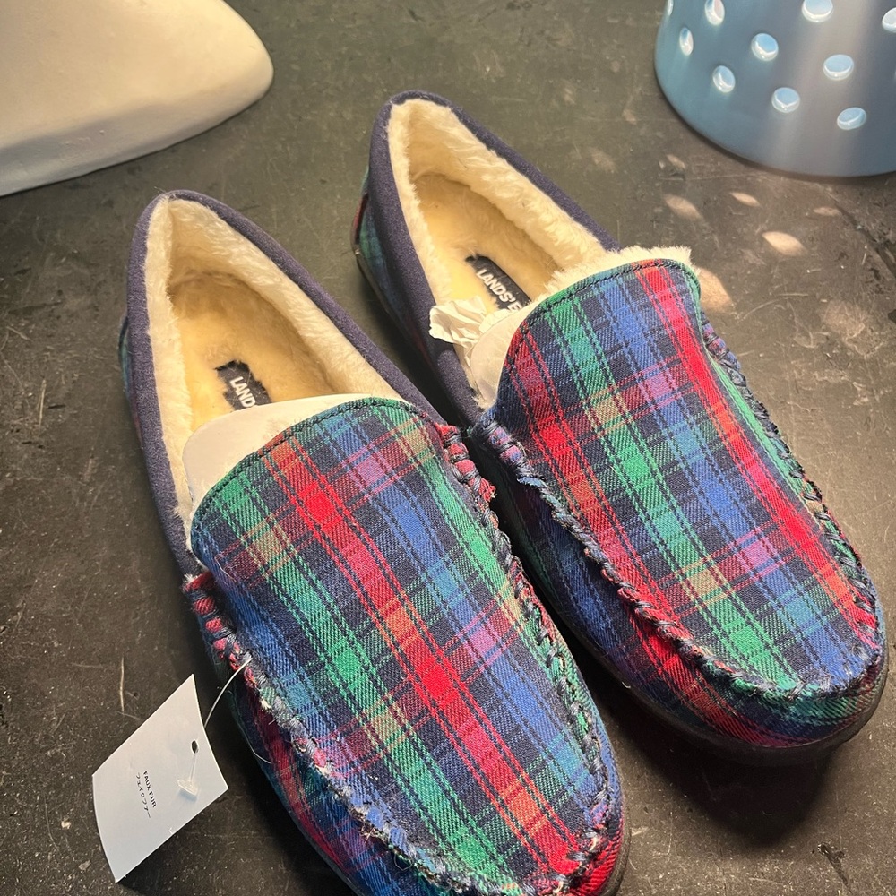 Lands' End Blue and Red Plaid Moccasin Slippers
